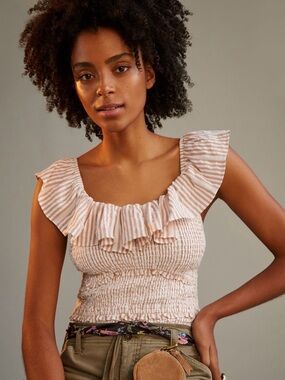 Anthropologie Pink and White Striped Smocked Ruffle Tank